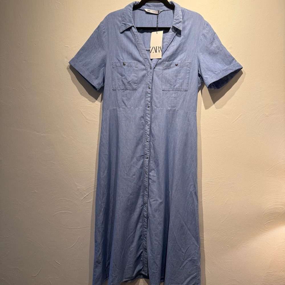 NWT Zara XL Cotton Denim Blue Button-Down Midi Dress | Fall T-Shirt Dress
